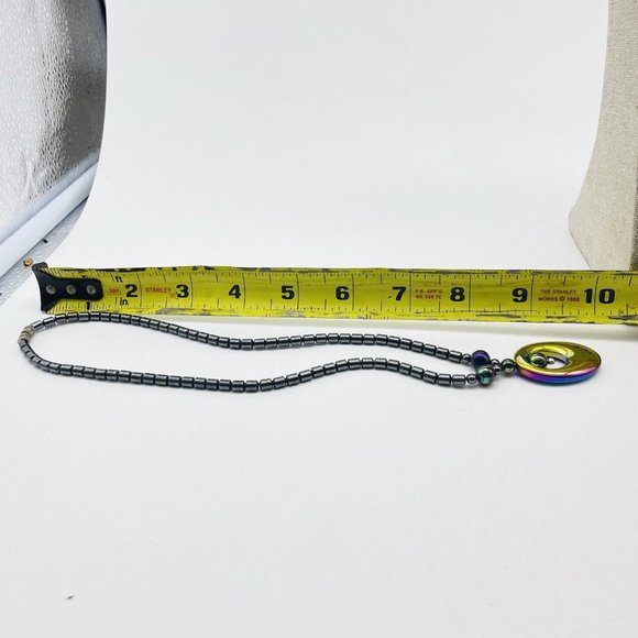 Hematite Bead Necklace Silver Tone Oil Slick Oval Pendant Classic Career Cosplay - Picture 3 of 4